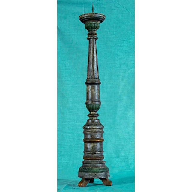 Antique Turned Wood Pricket Candleholder with Polychrome Finish For Sale - Image 3 of 9