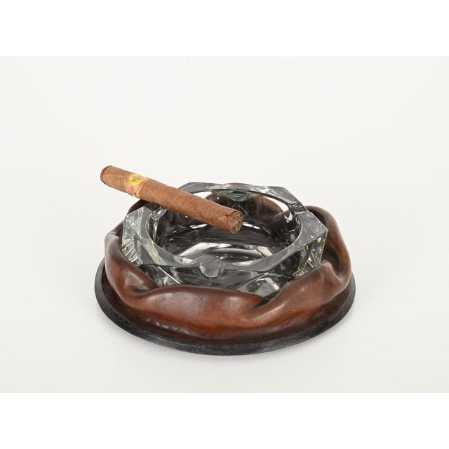 1960s Adnet Brown Curved Leather and Crystal Glass Ashtray, 1950s For Sale - Image 5 of 15