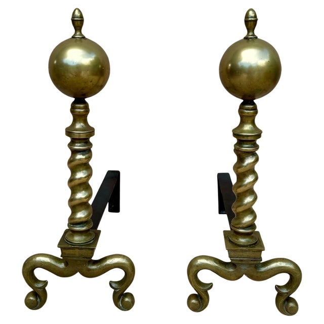 18th American Chippendale Style Brass Cannonball Andiron Firedog with Log Stops For Sale - Image 15 of 18