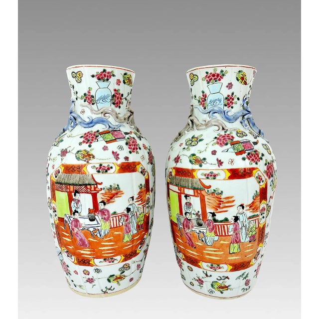 Chinoiserie Rare Antique "Linen Fold" Famille Rose Vases, Signed White Porcelain Chinese With Chimera, Republic Period, a Pair For Sale - Image 3 of 11