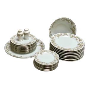 Vintage White & Pink Floral Patterned Dishes, Set of 27 Pieces