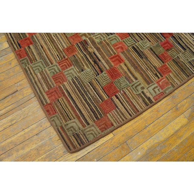 Early 20th Century 1900s Multi Color Diamond Folk Art Antique American Hooked Rug 5'9" X 8'2" Hand Knotted Fabric Wool Carpet For Sale - Image 5 of 6