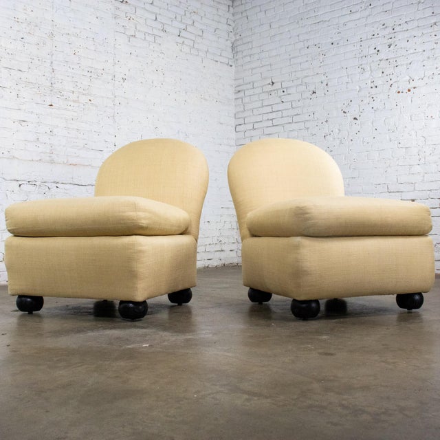 Late 20th Century Modern Round Back Slipper Chairs by Hickory Kay Lyn Tan Upholstery a Pair For Sale - Image 6 of 18