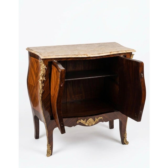 Width 35” 1/2 , Depth from the middle 20” and Height of 38” French Bombe Louis XV style marble-top commode with parquetry...