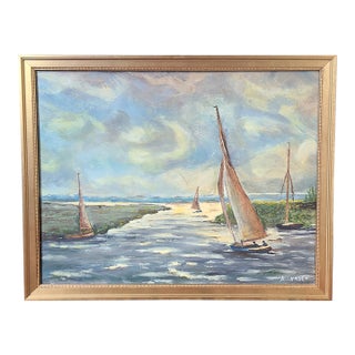Vintage 1940s Impressionist Sailboat Oil Painting For Sale