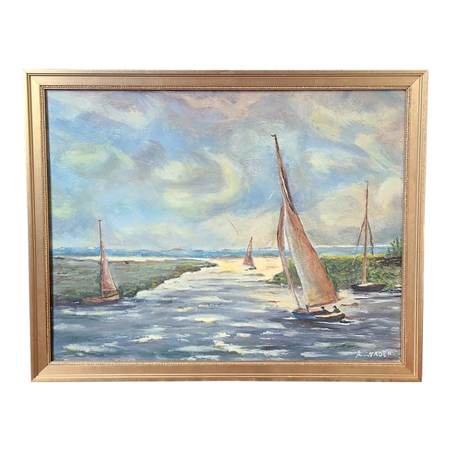 Vintage 1940s Impressionist Sailboat Oil Painting For Sale