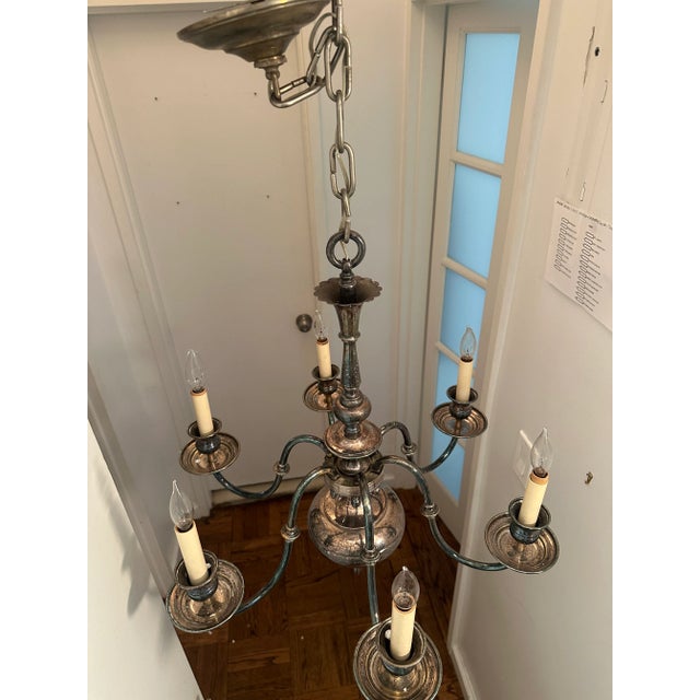 Vintage Six Arm Colonial Silver-Plated Chandelier For Sale - Image 9 of 11