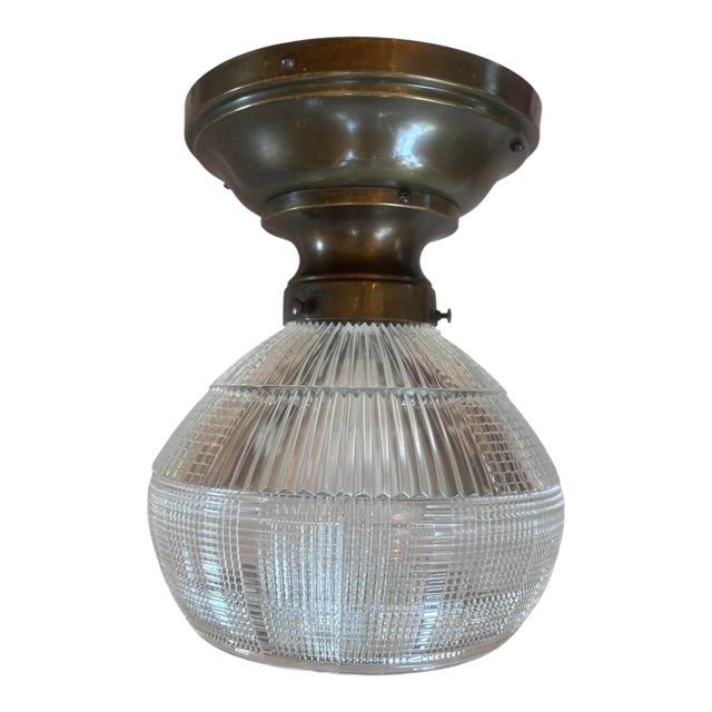 Zipper Pattern Holophane Flushmount Fixture on Large Bronzing Brass Holder, Circa 1930 For Sale
