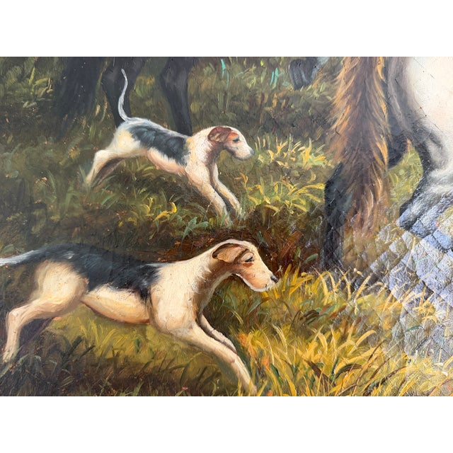 Large Vintage Oil Painting English Fox Hunt Horses Hounds Hunting Scene Art For Sale - Image 11 of 15