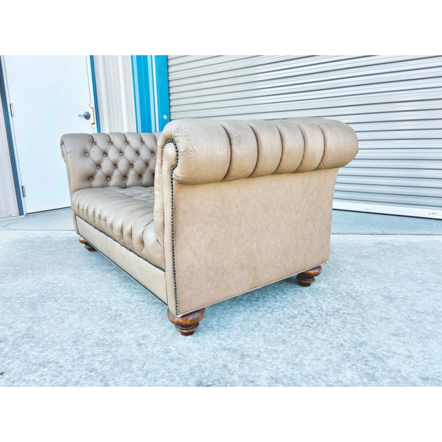 1950s 1970s Vintage Tan Leather Tufted Chesterfield Loveseat For Sale - Image 5 of 12