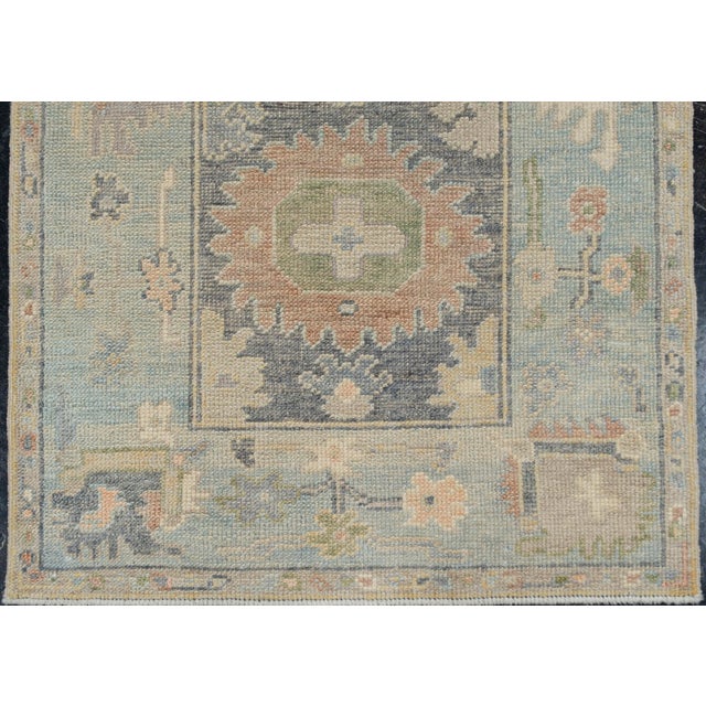 Turkish Oushak Runner Rug Muted Blue & Beige Handwoven Wool Rug 2'9" X 8'10" This exquisite handwoven Turkish Oushak...