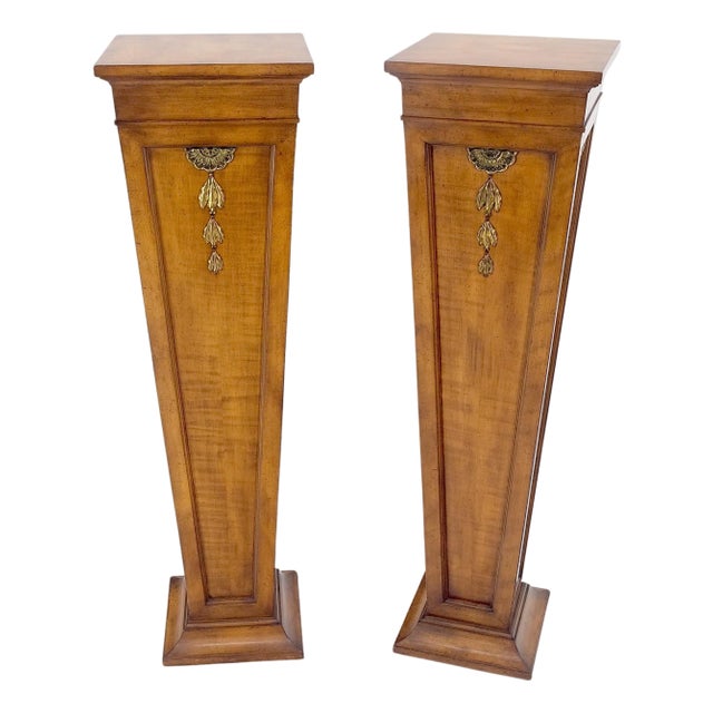 Pair of Tapered Light Tiger Maple Bronze Mount Large Square Pedestals For Sale
