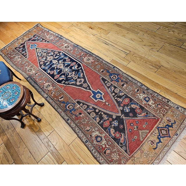 Antique Persian Bidjar Wide Runner, Hand-Knotted Wool, Geometric Pattern, Terracotta & Navy, 4x11 For Sale - Image 11 of 18