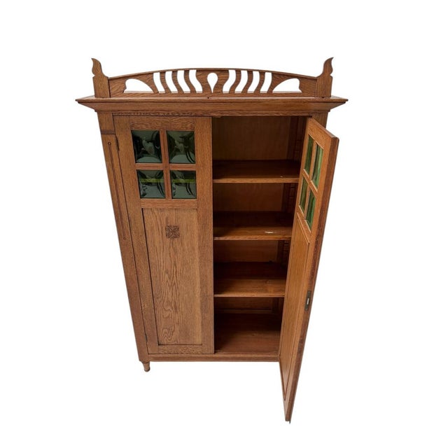 Arts & Crafts Art Nouveau Bookcase with Green Glass, 1900s For Sale - Image 4 of 11