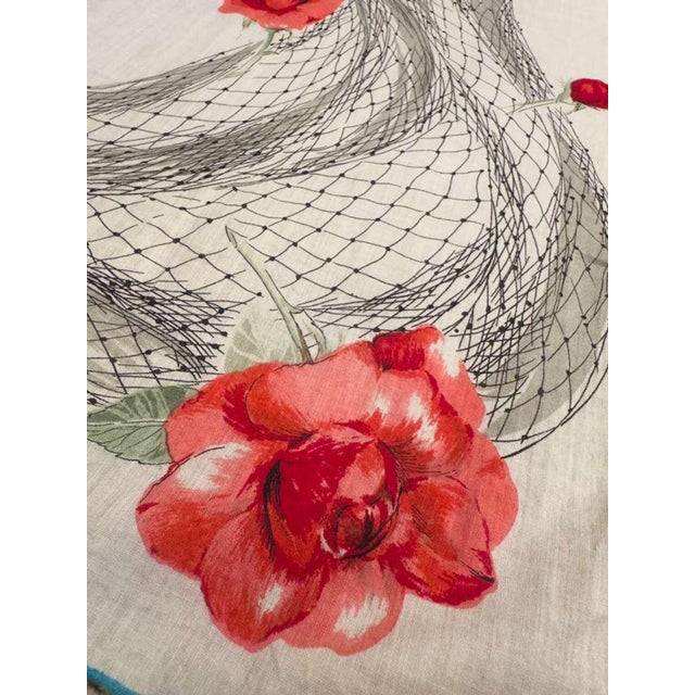 Vintage 1940s French Rose Scarf Cotton Floral Handkerchief Hand Rolled Turquoise Edge Floral Illustration Romantic Accessories For Sale In Philadelphia - Image 6 of 9