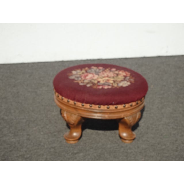 Burgundy Footstool ~ Vintage French Country Burgundy Floral Round Needlepoint Footstool#2 For Sale - Image 8 of 16