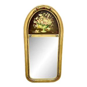 Antique Victorian Trumeau Mirror With Hand Painted Floral Still-Life