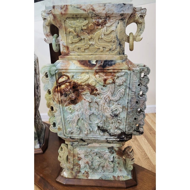 Brown Antique Chinese Mottled Jade Green Hardstone Pair Urns as Altar Console Table For Sale - Image 8 of 11