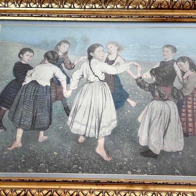 This rare vintage German lithograph of Hans Thoma’s famous Kinderreigen (Children's Ring Dance) is an exceptional gallery...