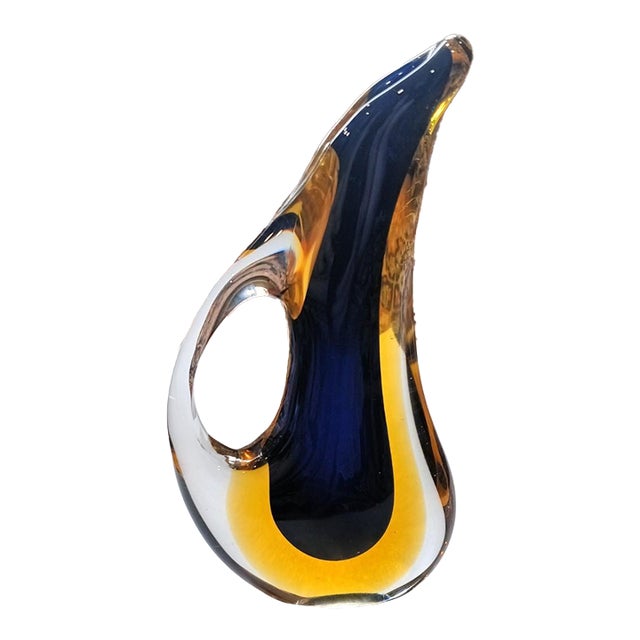 Mid 20th Century Murano-Style Cobalt and Amber Sommerso Glass Teardrop Vase With Handle For Sale