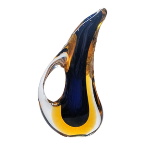 Mid 20th Century Murano-Style Cobalt and Amber Sommerso Glass Teardrop Vase With Handle