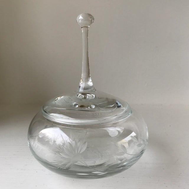 A etched floral pattern encompasses this signed and number dish with a Lobmeyr style lid. It is signed Fitzgerald and is...