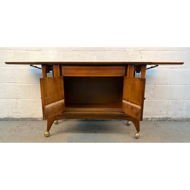 Sculpted Mid-Century Rolling Drop-Leaf Walnut Bar Cart For Sale - Image 13 of 17