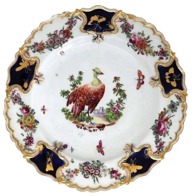 English Chelsea Soft Paste Porcelain Exotic Bird Gilt and Mazarine-blue Plate For Sale - Image 9 of 9