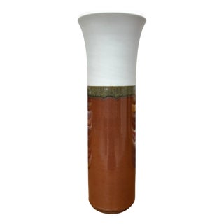 White and Copper Fluted Ceramic Vase with Olive Glaze Band For Sale