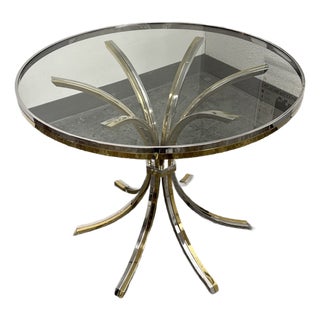 Italian Mid-Century Brass + Chrome Round Glass Dining Table, Vintage For Sale