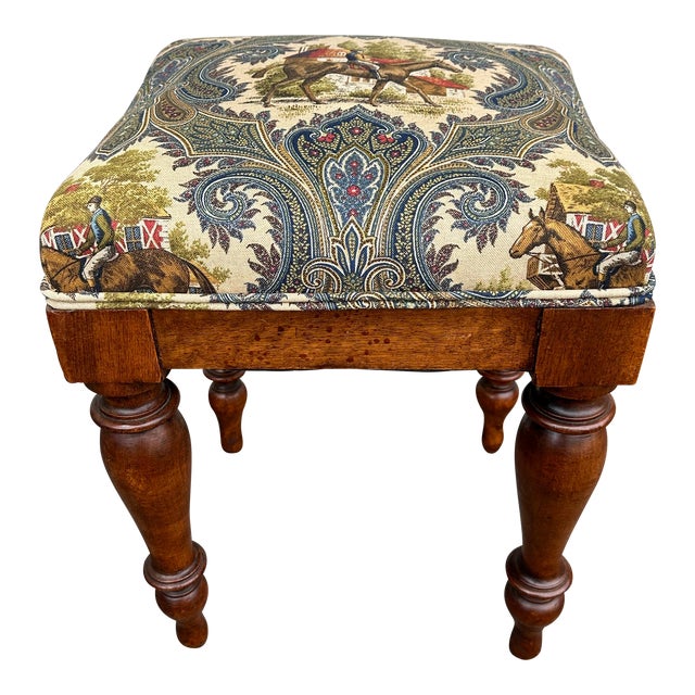 19th Century French Stool With Equestrian Fabric For Sale
