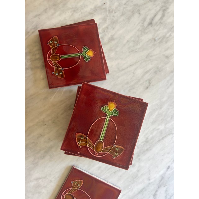 1900 - 1909 Art Nouveau Red Jewel Tile Moulded Majolica T & R Boote England, 1905 For Sale - Image 5 of 6