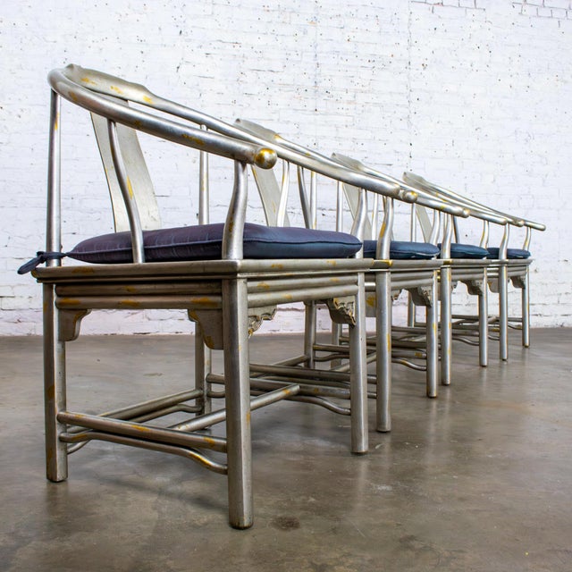 Asian Late 20th Century Ming Treasures Yoke Back Gold/Silver Leaf Dining Chairs by Drexel Heritage Set of 4 For Sale - Image 3 of 18