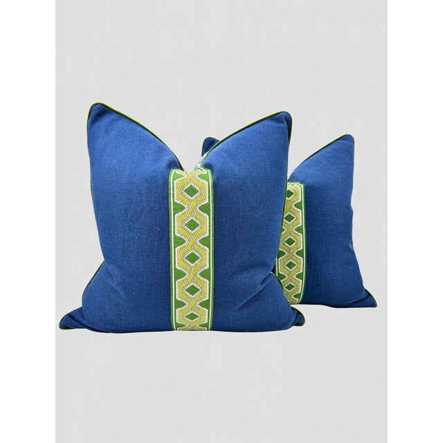 Traditional Schumacher Albizia Embroidery Fabric / Blue & Green Pillow Pair For Sale - Image 3 of 11