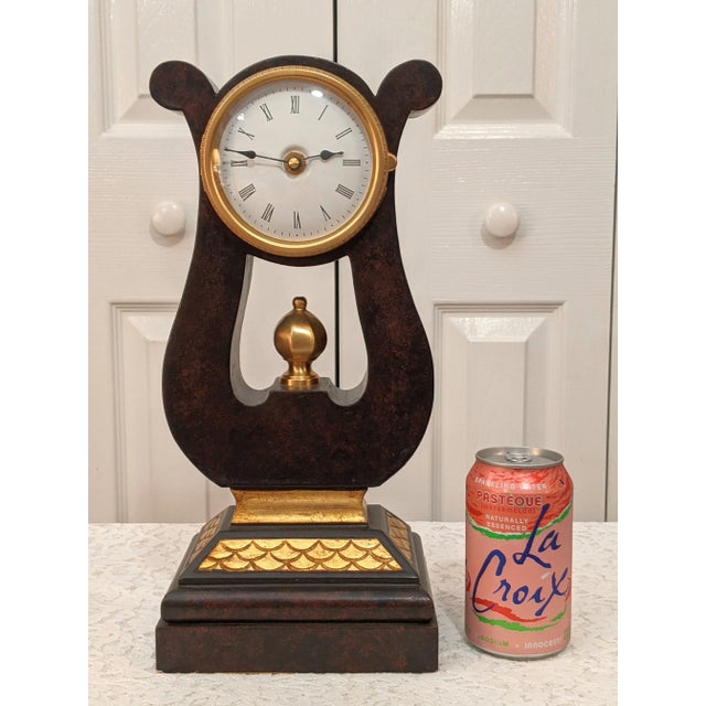 Contemporary Contemporary Neiman Marcus Wood & Gilt Harp / Lyre Mantle Clock, Made in Italy For Sale - Image 3 of 13