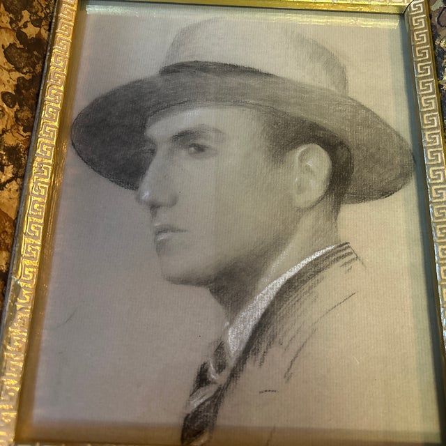 1940’s original art deco male portrait charcoal drawing, lifted by pastel. Measures 8x10 or approximately 10x12 framed....