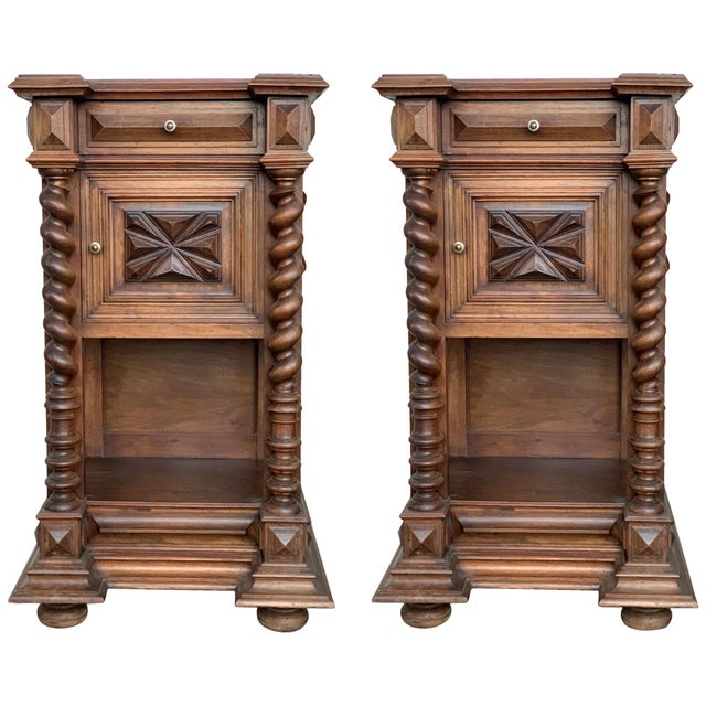 Mid 19th Century Pair of Solid Carved Brutalist French Nightstands with Solomonic Columns For Sale - Image 15 of 18