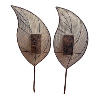 Curtis Jere Mid-Century Modern Pair of Wire Mesh Leaf Candle Wall Sconces For Sale