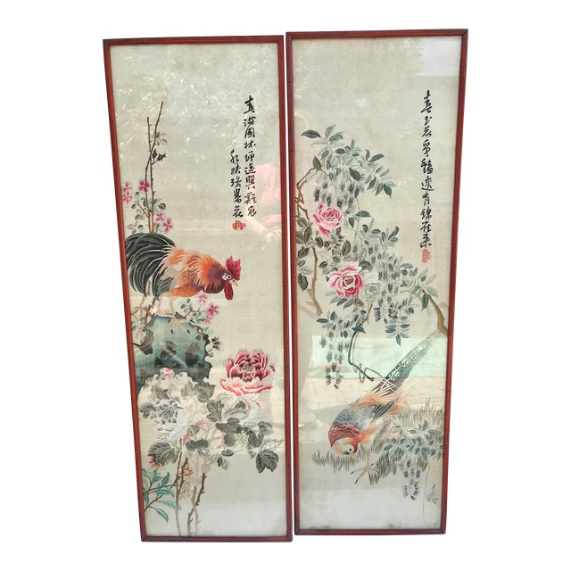 Pair of Vintage Early 20th Century Chinese Silk Embroidery of Birds With Flowers Framed on Painted Bamboo For Sale