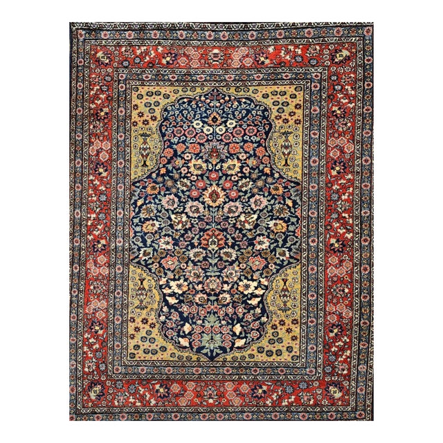 Vintage Persian Tabriz Area Rug, Floral Pattern, Handwoven Wool, Navy & Red, 4’ X 6’ For Sale