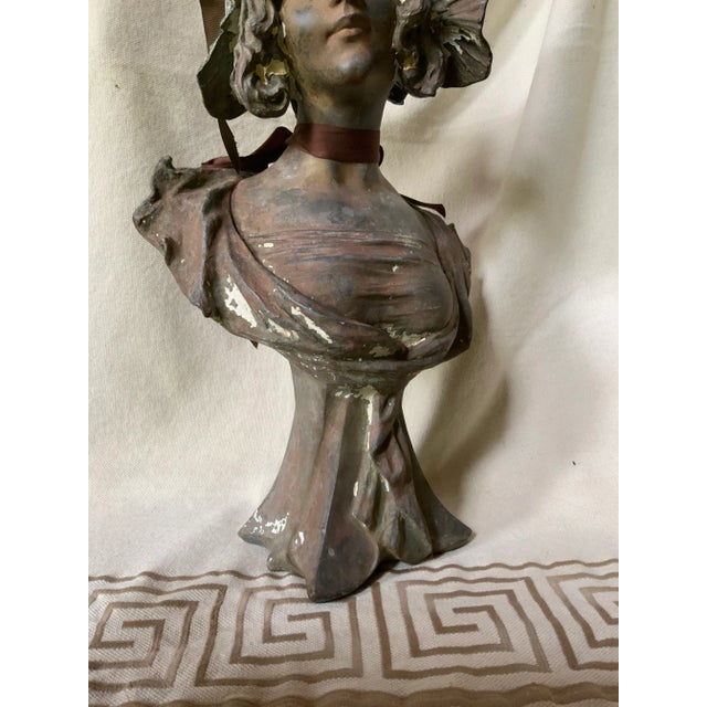 Metal Antique French Art Nouveau Cast Iron Bust of a "Coquette" After Pablo Rigual For Sale - Image 7 of 13