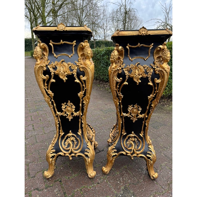 Late 20thC Italian Baroque Black Gold Pedestals – Pair For Sale - Image 9 of 14