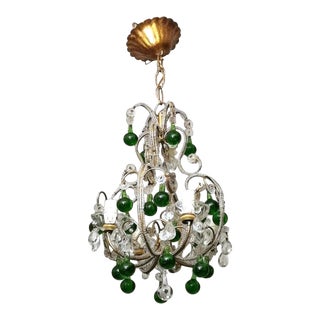 Florentine Craftsmanship Italian Brass Chandelier With Crystals and Green Glasse For Sale