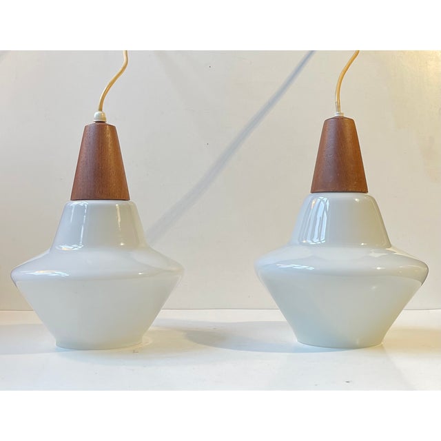 Danish Modern White Opaline Glass and Teak Pendant Lamps by Holmegaard, 1960s, Set of 2 For Sale - Image 11 of 11