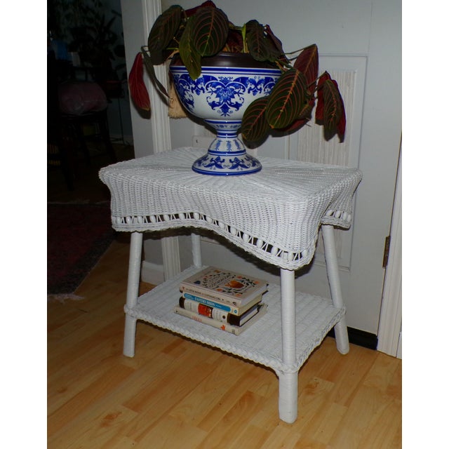 Mid 20th Century Vintage White Draped Wicker Rattan Sculpted Beaded Coffee Table Plant Stand For Sale - Image 5 of 18