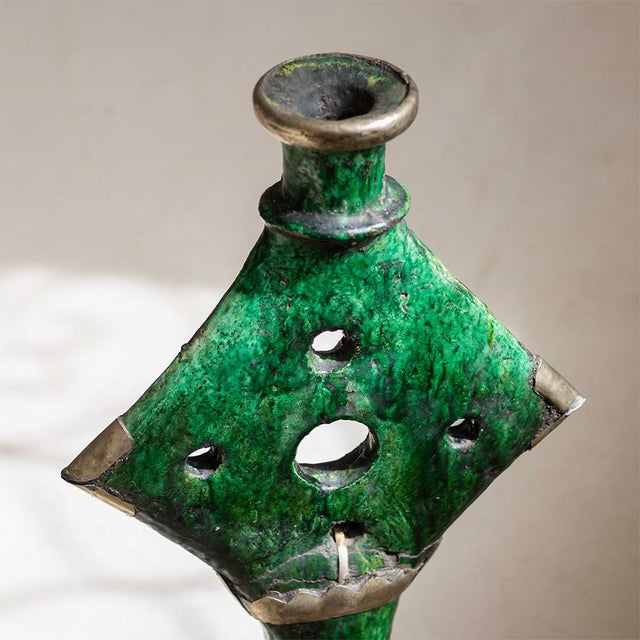 Green Vintage Moroccan Tamegroute Green Glazed Candle Holder With Brass Accents For Sale - Image 8 of 9