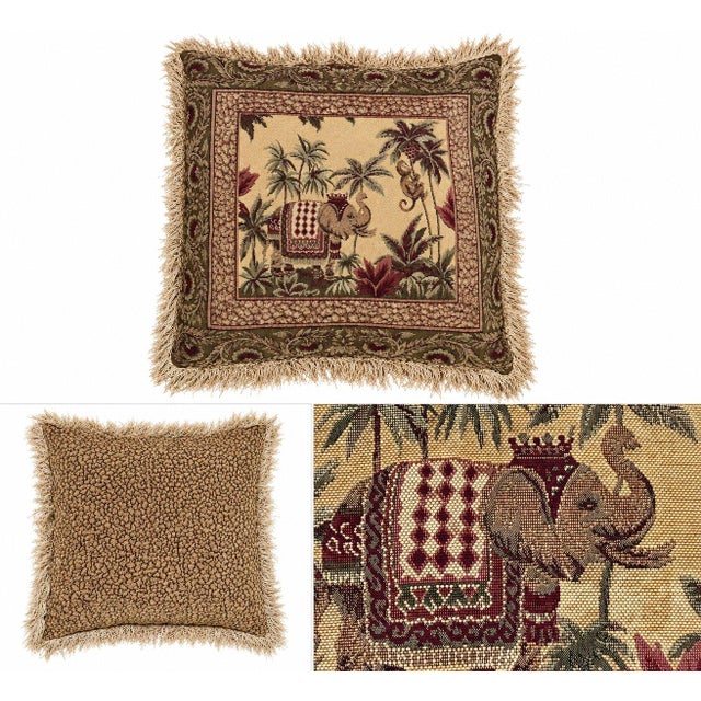 Rich in texture and old-world character, this decorative tapestry pillows features an intricate elephant and tropical palm...