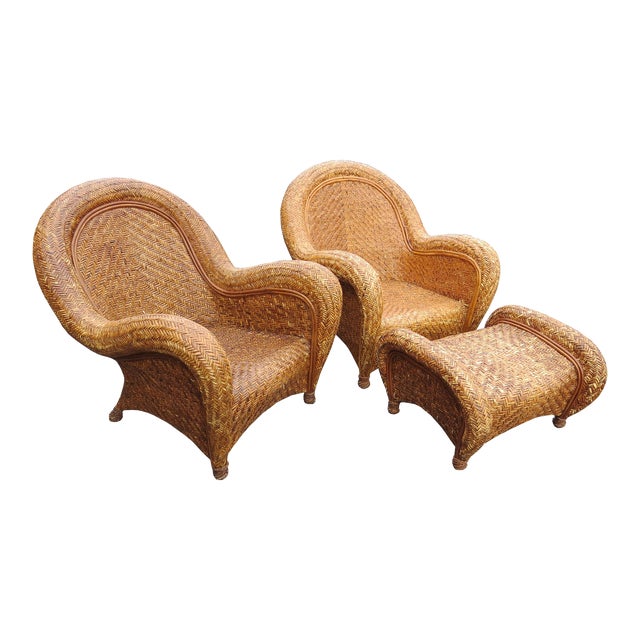 Pottery Barn Malabar Woven Wicker Rattan Lounge Chairs and Ottoman 3 Pieces Chairish