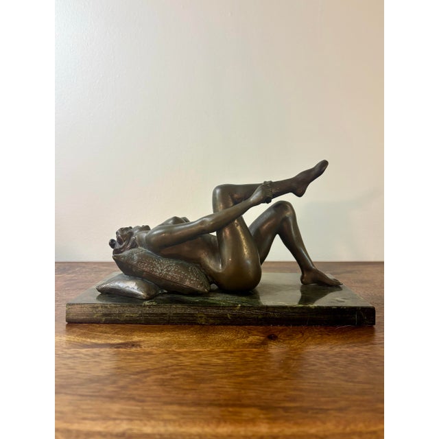 1910s Louis Chalon Bronze Nude Woman Sculpture Putting on Stockings on Marble Base For Sale - Image 11 of 11