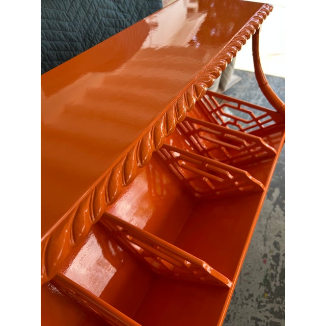 1970s High-Gloss Electric Orange Lacquered Mahogany Chinese Chippendale Magazine Stand. For Sale - Image 11 of 11